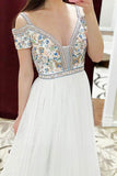 A-Line Square Sweep Train Cold Shoulder Empire White Tulle Prom Dress with Embroidery LR82