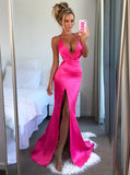 Mermaid Spaghetti Straps Lace Up Sweep Train Fuchsia Prom Dress with Split PDA532 | ballgownbridal