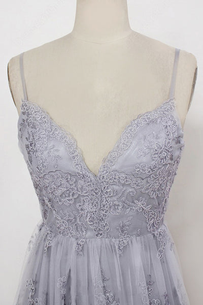 Sheath Spaghetti Straps Sweep Train Backless Grey Tulle Prom Dress with Appliques AHC669 | ballgownbridal