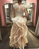 A-Line Jewel Floor-Length Champagne Tulle Prom Dress with Beading Ruffles AHC695 | ballgownbridal