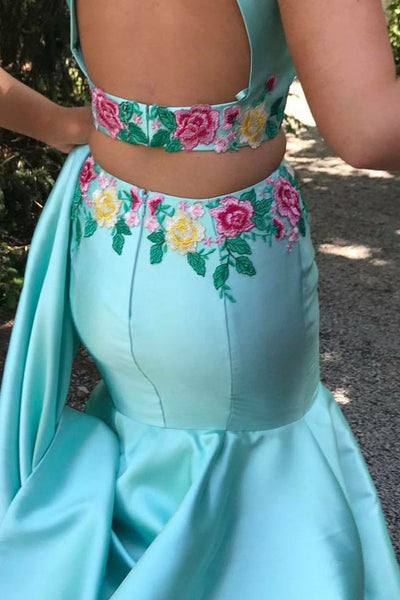 Two Piece Jewel Sweep Train Blue Satin Open Back Prom Dress with Appliques Ruffles LR75