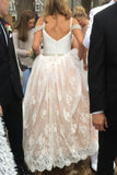 A-Line Square Sweep Train Cold Shoulder Champagne Lace Prom Dress with Beading LR94
