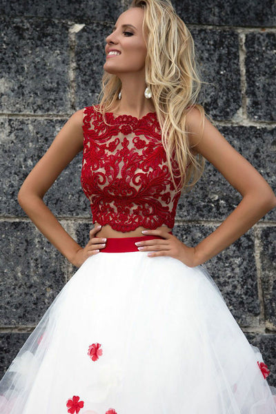 Two Piece Jewel Sweep Train Red Tulle Prom Dress with Appliques Flowers LR276