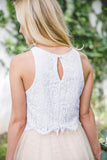 Two Piece Jewel Keyhole Back Light Champagne Tulle Bridesmaid Dress with Lace AHC646
