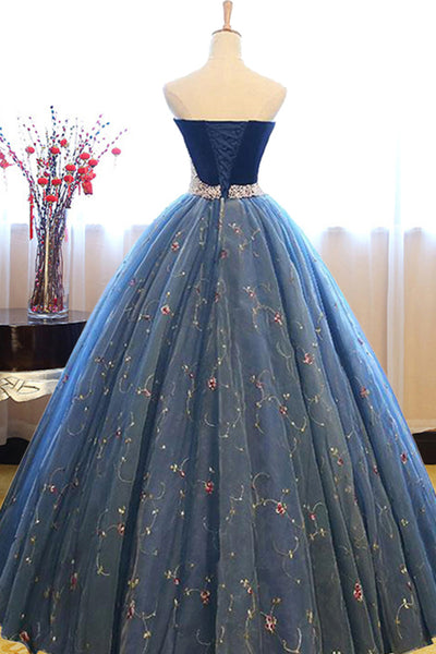 Ball Gown Sweetheart Court Train Navy Blue Lace Prom Dress with Beading AHC515