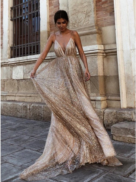 Spaghetti Straps Backless Prom Dress with Sequins Light Champagne Long Evening Dress ODA012 | ballgownbridal