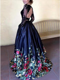 Two Piece Round Neck Long Sleeves Black Floral Satin Prom Dress with Lace Pockets PDA331 | ballgownbridal