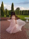 A-Line V-Neck Backless Sweep Train Pink Prom Dress with Appliques PDA351 | ballgownbridal