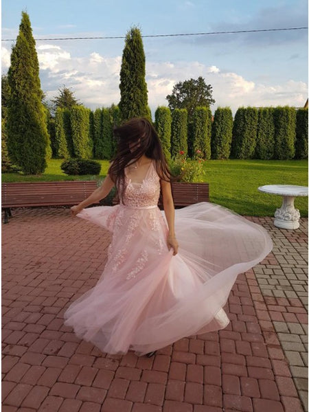 A-Line V-Neck Backless Sweep Train Pink Prom Dress with Appliques PDA351 | ballgownbridal