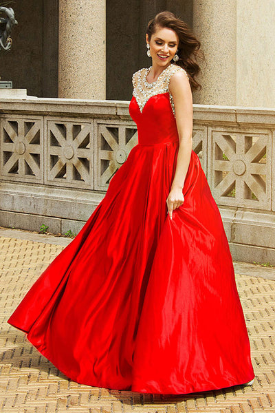 A-Line Jewel Sweep Train Red Satin Sleeveless Prom Dress with Beading LR190