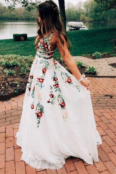 Elegant Lace A Line Backless Prom Dress with Handmade Flower Appliques  AHC547