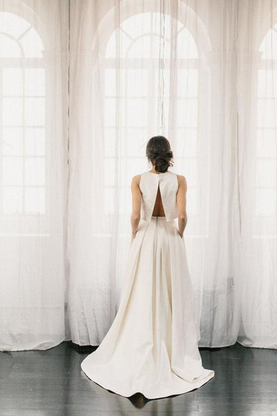 White Two Piece A Line Asymmetrical Sleeveless Satin Wedding Dress AHC564
