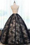 Ball Gown Crew Court Train Black Lace Sleeveless Prom Dress with Appliques AHC517