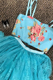 Two Piece Straps Sweep Train Blue Lace Prom Dress with Beading Embroidery LR109