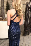 Mermaid Jewel Sweep Train Navy Blue Keyhole Sequined Open Back Prom Dress  LR122