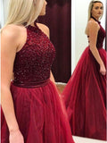 A-Line Halter Backless Sweep Train Red Prom Dress with Beading PDA305 | ballgownbridal