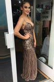 Mermaid Spaghetti Straps Sweep Train Brown Chiffon Sleeveless Prom Dress with Sequins LR142