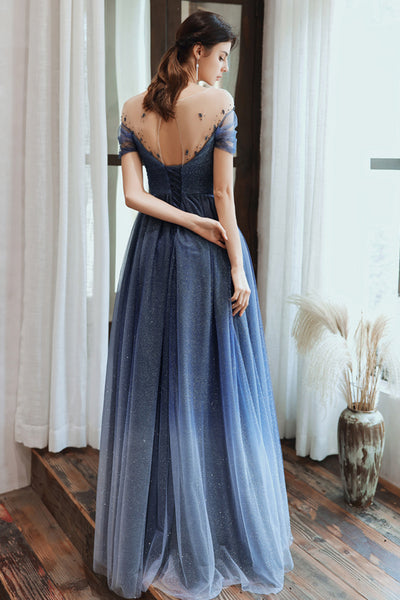 Stunning Blue Tulle Beaded Long Dress PDA481 | ballgownbridal