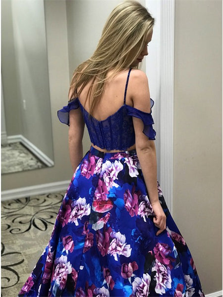 Two Piece Spaghetti Straps Royal Blue Printed Prom Dress with Lace Pockets PDA335 | ballgownbridal