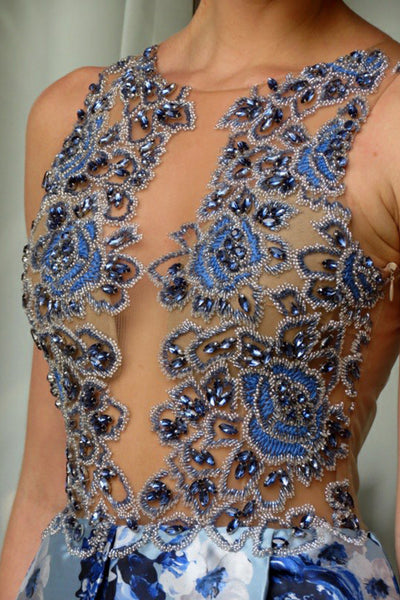 A-Line Jewel Floor-Length Blue Printed Satin Prom Dress with Beading Pockets LR477