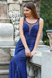 Mermaid Scoop Floor-Length Royal Blue Sequined Sleeveless Prom Dress with Pleats LR381