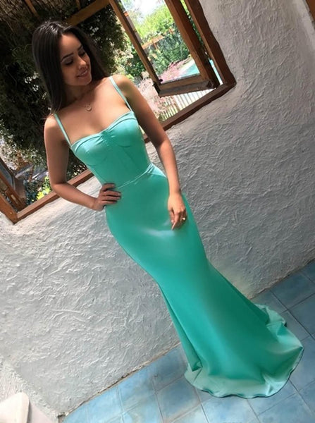 Mermaid Spaghetti Straps Floor-Length Light Blue Satin Prom Dress PDA531 | ballgownbridal