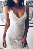 A-Line Spaghetti Straps Court Train Ivory Backless Lace Wedding Dress AHC591 | ballgownbridal