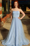 A-Line Sweetheart Sweep Train Blue Tulle Sleeveless Prom Dress with Beading Sequins LR93