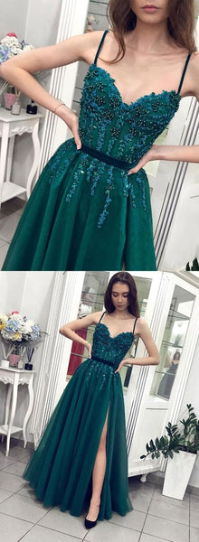 Green Tulle Beads Long Sweetheart Neck Prom Dress PDA492 | ballgownbridal