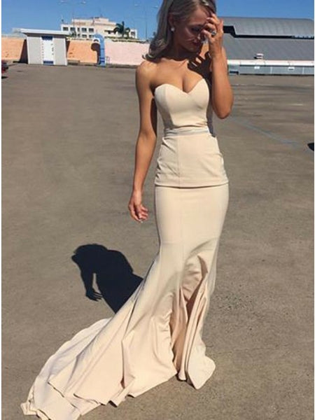 Mermaid Sweetheart Sweep Train Ivory Elastic Satin Prom Dress PDA271 | ballgownbridal