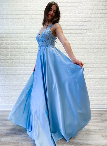 Bright Blue Lace Satin Open Back Long Halter Prom Dress PDA510 | ballgownbridal