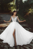 A-line Illusion Neck Split Cap Sleeves Chiffon Prom Evening Dress with Appliques PDA258 | ballgownbridal