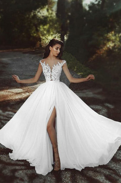 A-line Illusion Neck Split Cap Sleeves Chiffon Prom Evening Dress with Appliques PDA258 | ballgownbridal