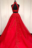 Two Piece High Neck Sweep Train Red Tulle Prom Dress with Appliques Beading LR348