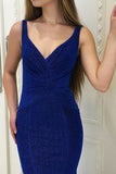 Mermaid Deep V-Neck Sweep Train Navy Blue Velvet Lace Up Prom Dress LR284