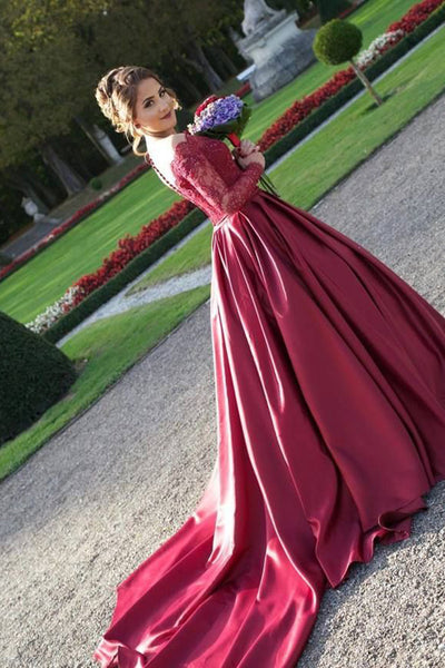 Ball Gown Off-the-Shoulder Sweep Train Long Sleeves Burgundy Satin Prom Dress with Appliques AHC682 | Ballgownbridal