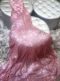 Mermaid V-Neck Sweep Train Rose Pink Sequined Prom Dress with Lace PDA462 | ballgownbridal