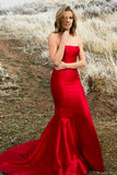 Mermaid Strapless Sweep Train Red Satin Sleeveless Split Pleats Prom Dress LR71