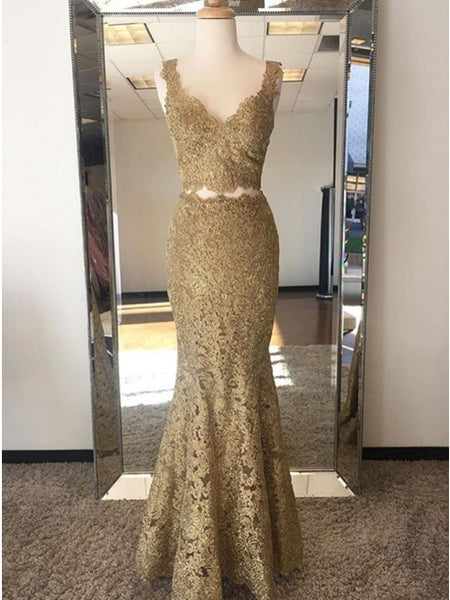 Two Piece Mermaid V-Neck Sweep Train Gold Lace Prom Party Dress PDA336