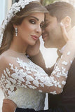 Ball Gown Jewel Chapel Train Long Sleeves White Lace Wedding Dress with Appliques AHC572