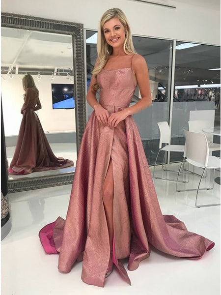 A-Line Spaghetti Straps Backless Sweep Train Rose Pink Split Prom Dress PDA341 | ballgownbridal