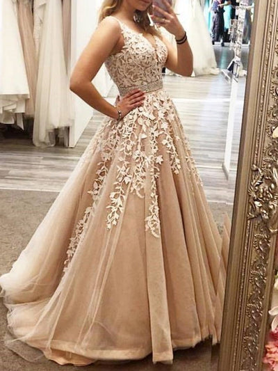 Ball Gown Appliques Floor-Length V-Neck Graduation Dress QK1537