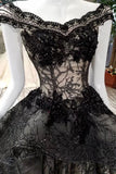 Black Tulle Prom Dresses Lace Up With Appliques Off The Shoulder ZX001
