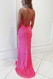 Hot Pink Sequins Mermaid Long Prom Dress SHE007