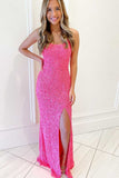 Hot Pink Sequins Mermaid Long Prom Dress SHE007