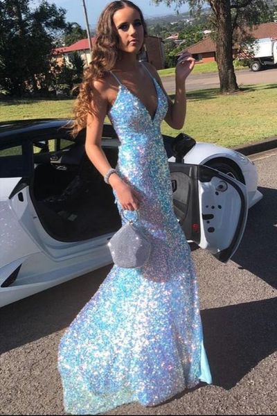 Light Blue Sequins Mermaid V Neck Sparkly Prom Dresses SHE008