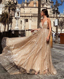 Luxury Spaghetti Straps Sweep Train V Neck Prom Dress with Sequins AHC544