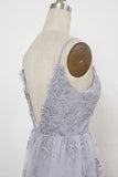 Sheath Spaghetti Straps Sweep Train Backless Grey Tulle Prom Dress with Appliques AHC669 | ballgownbridal
