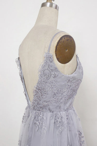 Sheath Spaghetti Straps Sweep Train Backless Grey Tulle Prom Dress with Appliques AHC669 | ballgownbridal