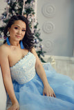 A-Line Strapless Floor-Length Light Blue Prom Dress with Lace Beading LR37